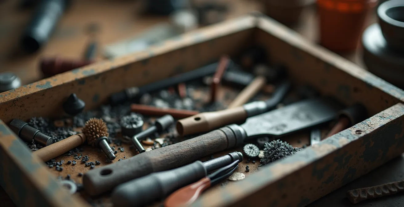 Détail macro sur les textures d’un atelier de bricolage dans un box de stockage avec outils et matériaux disposés