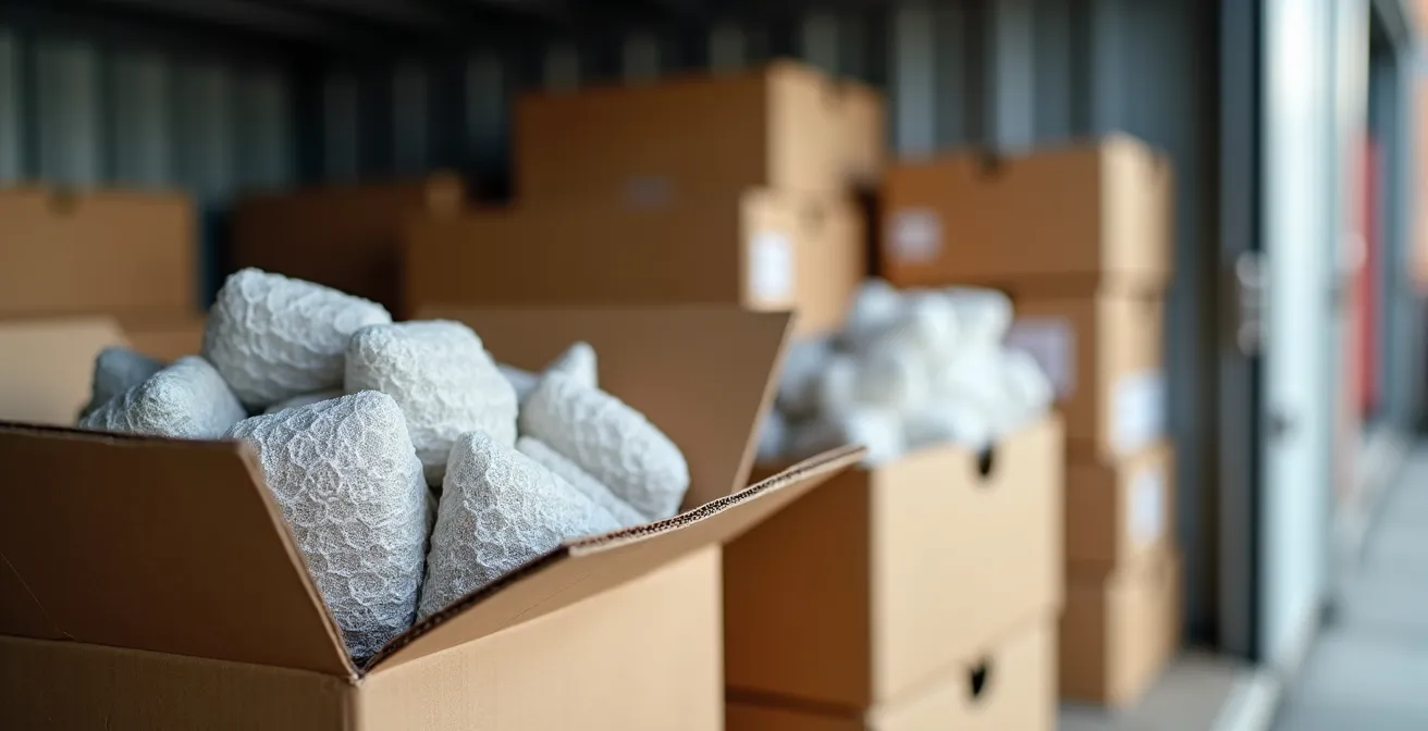 Gros plan sur des matériaux d’emballage résistants : cartons, housses et calages dans un box de stockage
