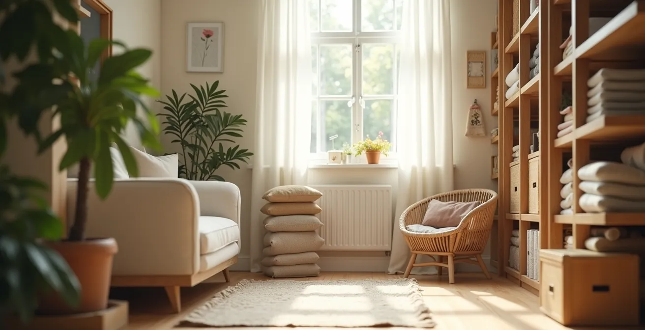 Intérieur épuré et lumineux d’un espace de rangement organisé pour le bien-être