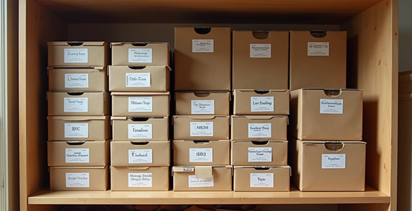 Vue organisée de cartons et objets triés et étiquetés prêts à être stockés dans un box
