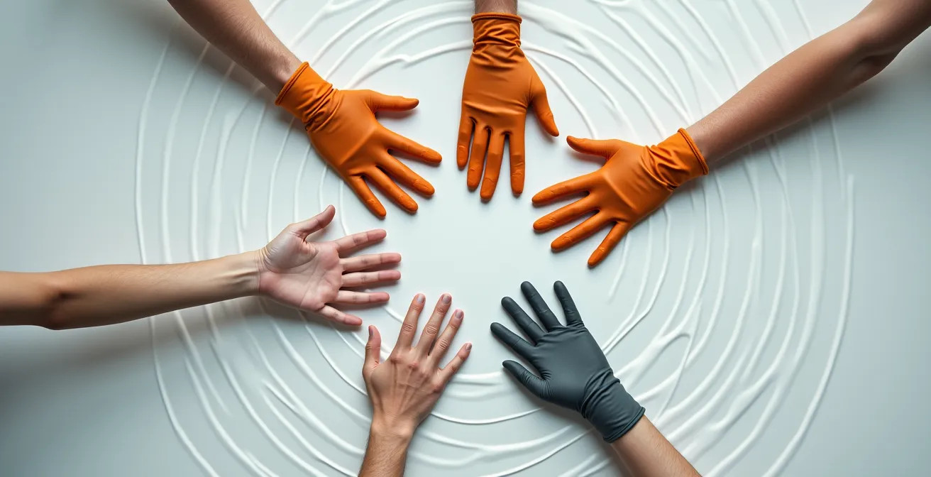Vue aérienne de mains d'équipe en cercle, certaines avec gants de différents types, symbolisant l'unité dans la diversité des protections