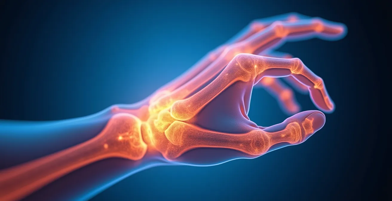 Gros plan sur une main humaine scannée aux rayons X montrant les os et articulations, avec des zones colorées indiquant les zones à risque