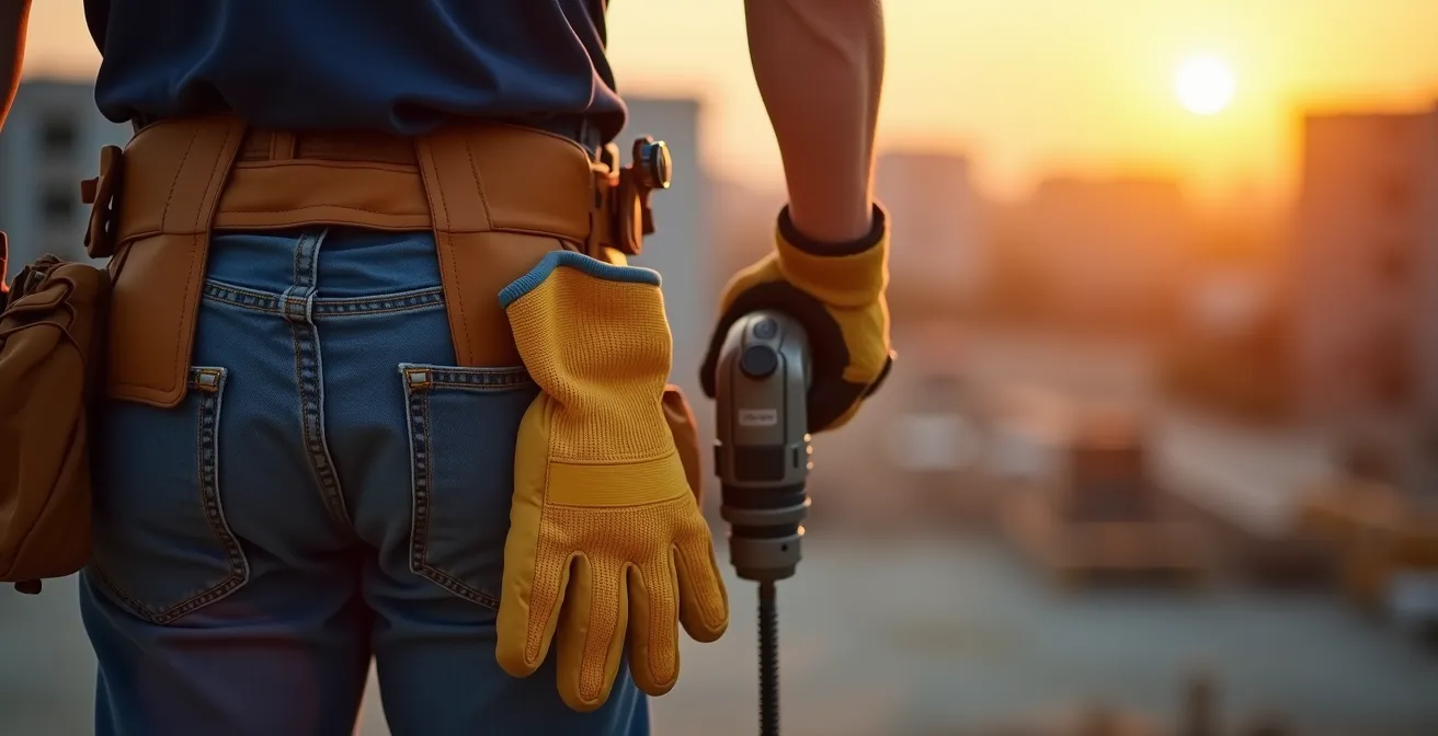 Un ouvrier de dos sur un chantier avec des gants de protection pendus à sa ceinture, mains nues tenant un outil