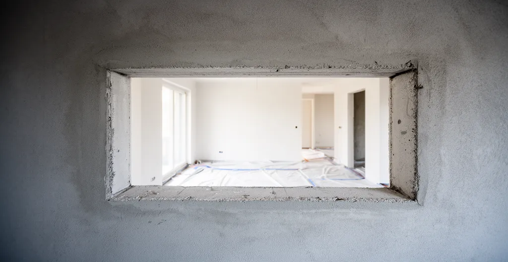 Ouverture rectangulaire propre dans mur béton avec arêtes de découpe nettes