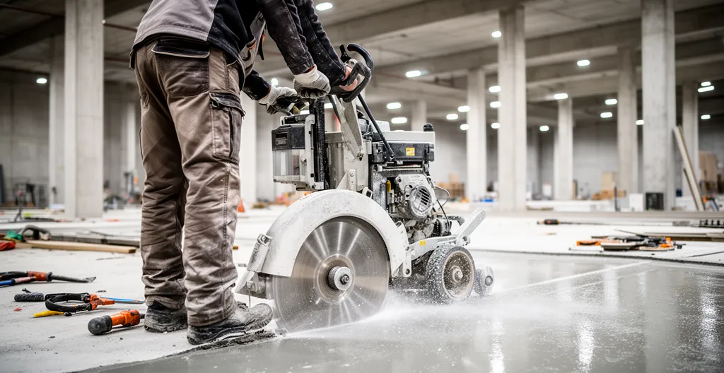 Ouvrier guidant une scie à sol sur dalle béton industrielle