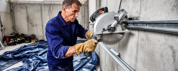 Technicien opérant une scie murale sur rails contre un mur béton