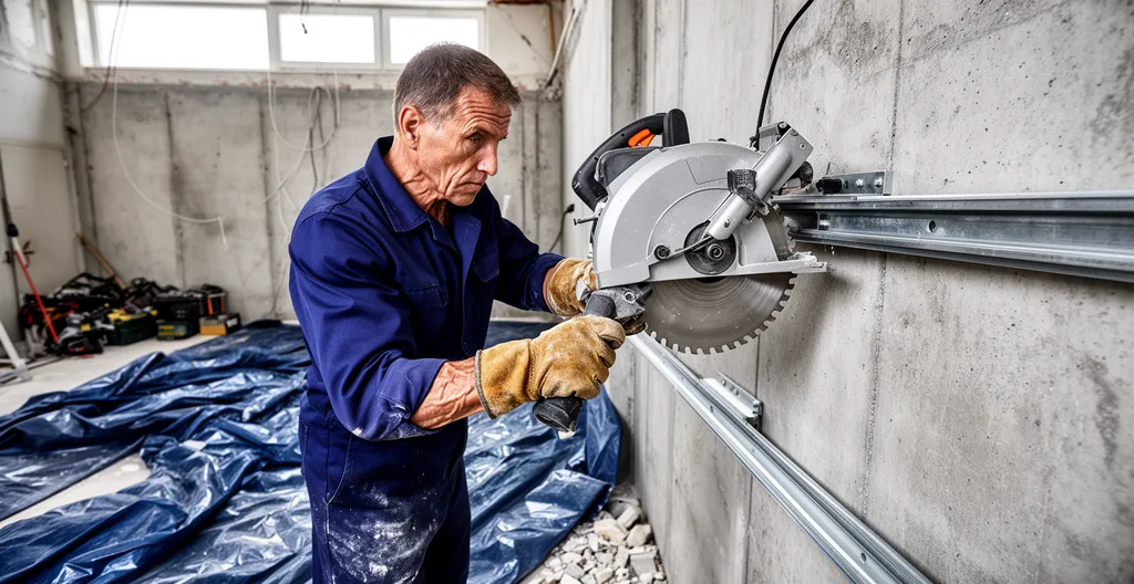 Technicien opérant une scie murale sur rails contre un mur béton