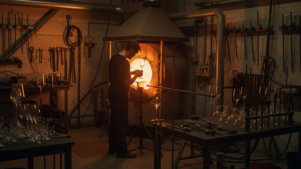 Silhouette d'artisan verrier travaillant près du four, lueur orangée