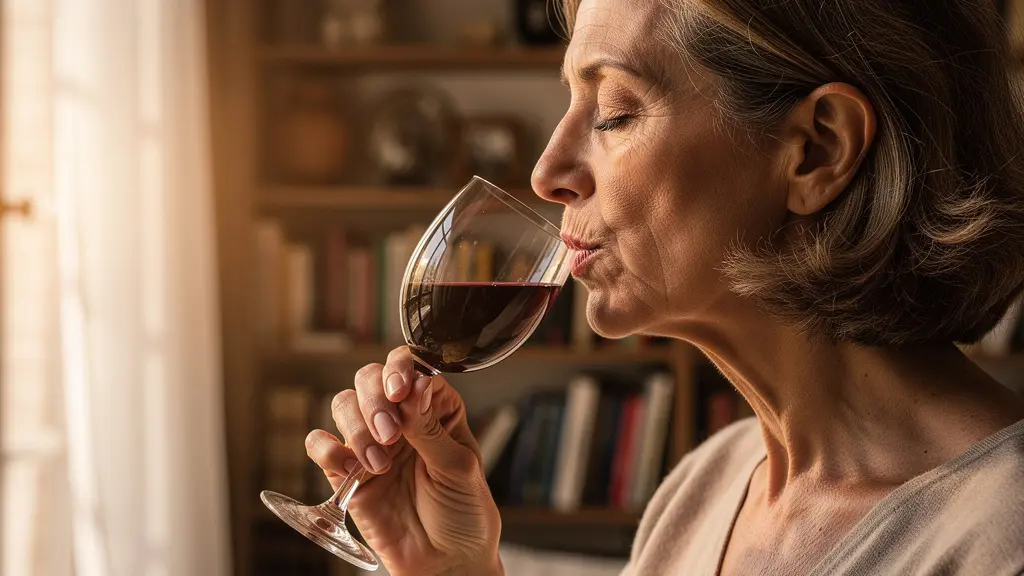 Femme concentrée humant un verre de vin en cristallin, profil