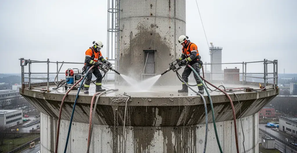 Équipe hydrodémolition intervenant sur structure béton de château d'eau
