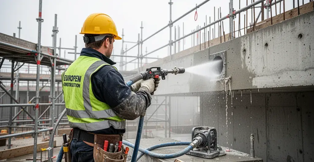 Opérateur hydrodémolition avec équipement haute pression sur chantier génie civil