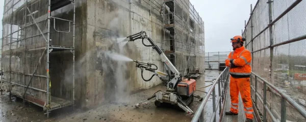Robot d'hydrodémolition projetant des jets haute pression sur un mur béton