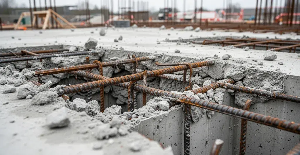 Surface béton décapée par hydrodémolition montrant armatures métalliques intactes