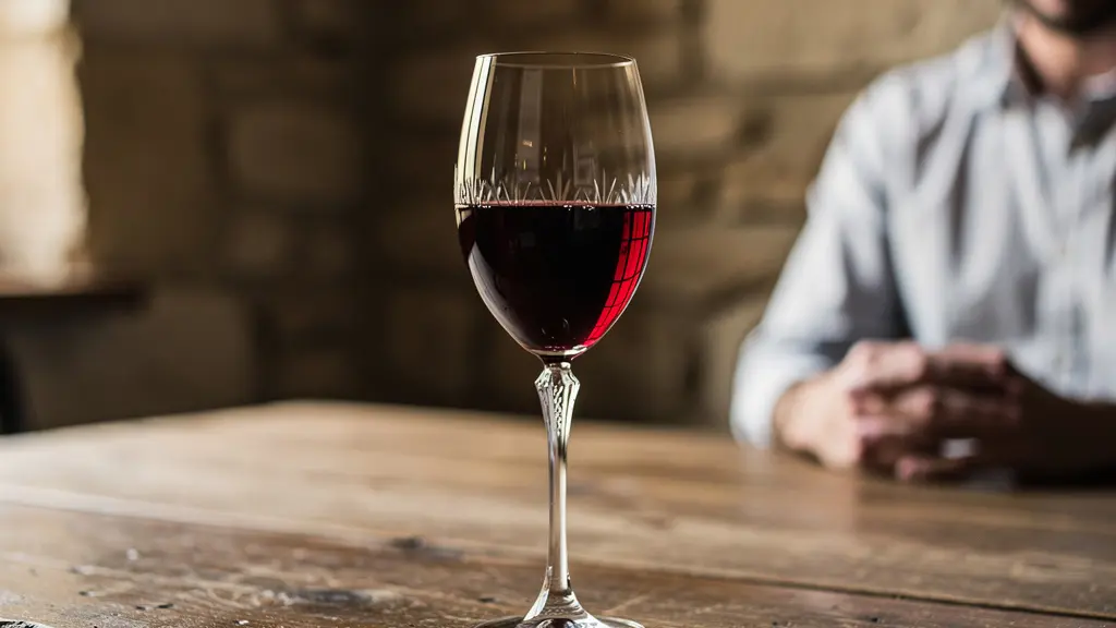 Verre en cristallin rempli de vin rouge sur table en bois, lumière traversant le liquide