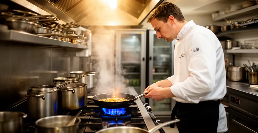 Chef utilisant feux gaz propane en cuisine professionnelle de restaurant