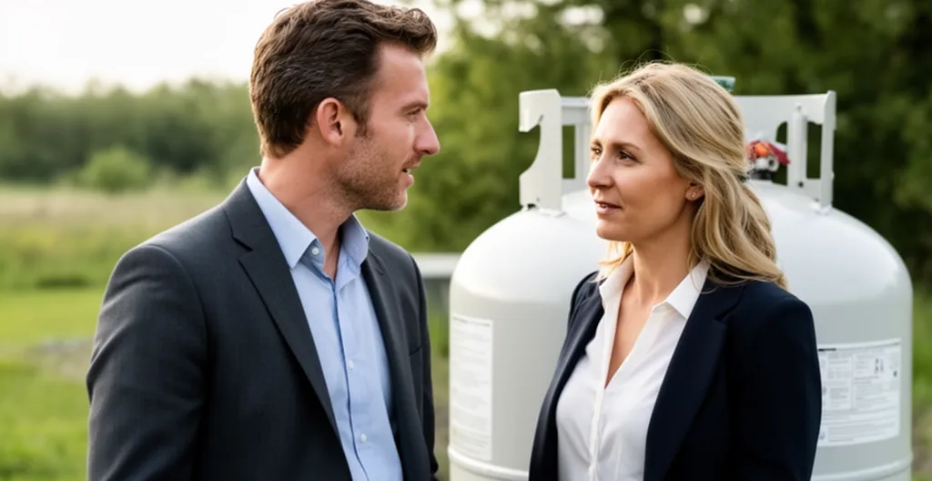 Conseiller énergie professionnel et dirigeante d'entreprise en discussion devant installation