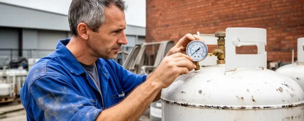 Technicien professionnel inspectant une citerne gaz propane sur site industriel