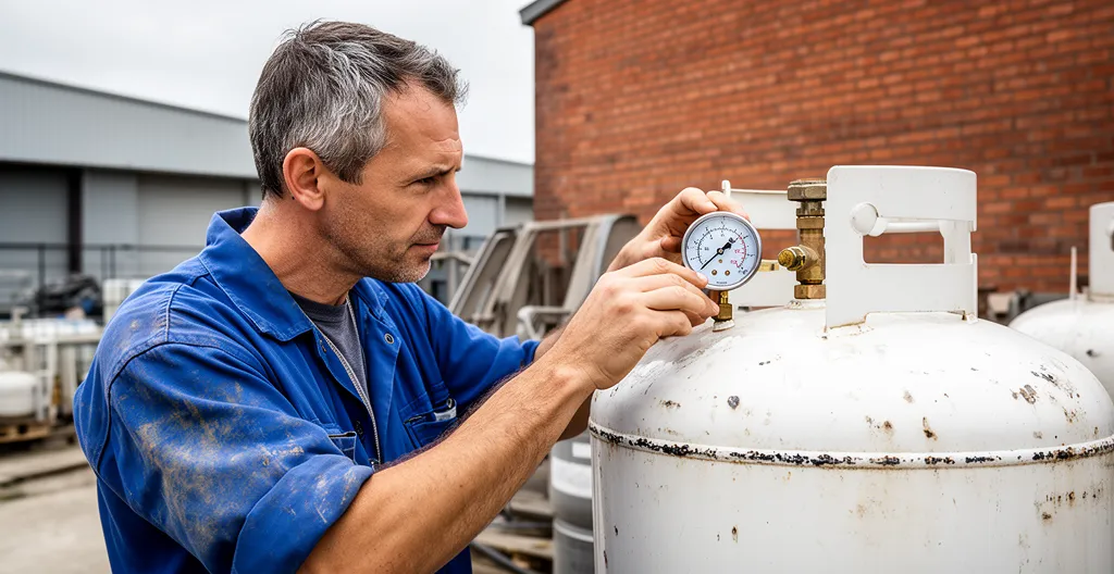 Technicien professionnel inspectant une citerne gaz propane sur site industriel