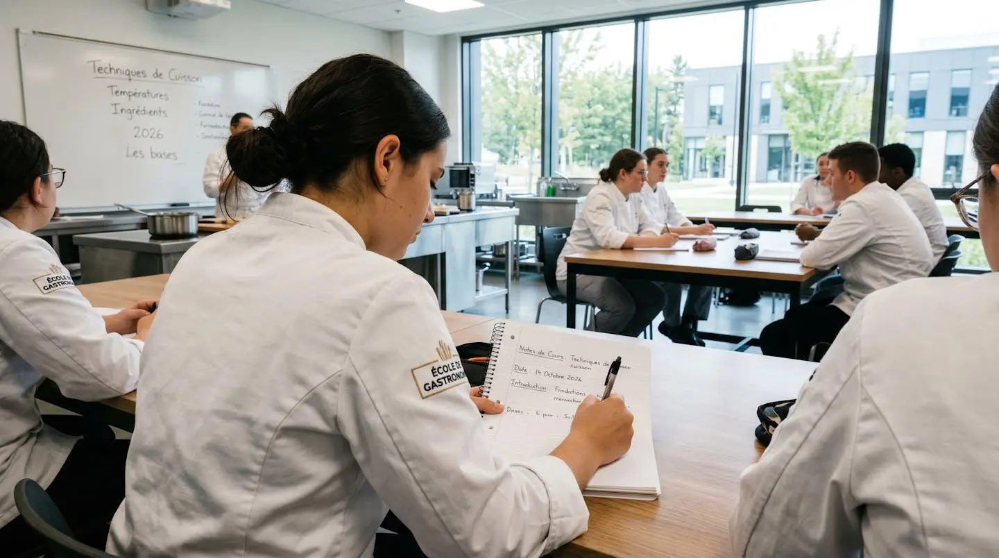 Jeune apprenti en tenue professionnelle (veste de cuisine) prenant des notes dans un cahier pendant un cours, vue par-dessus l'épaule, salle de classe lumineuse avec grandes fenêtres