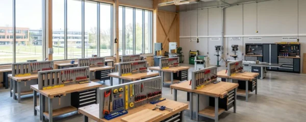 Atelier de formation professionnelle moderne et lumineux avec établis de travail et outils rangés, grandes fenêtres laissant entrer la lumière naturelle