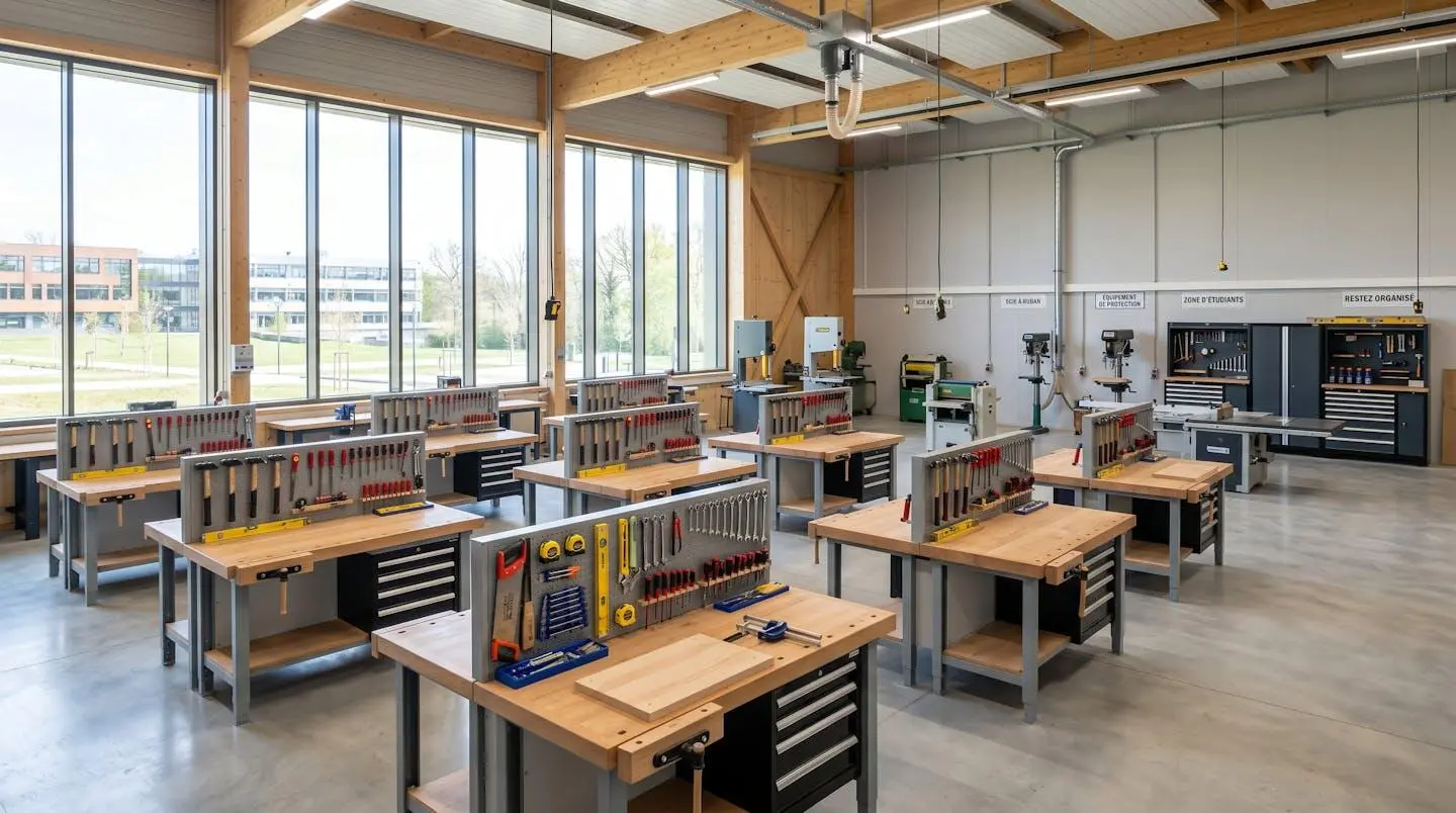 Atelier de formation professionnelle moderne et lumineux avec établis de travail et outils rangés, grandes fenêtres laissant entrer la lumière naturelle