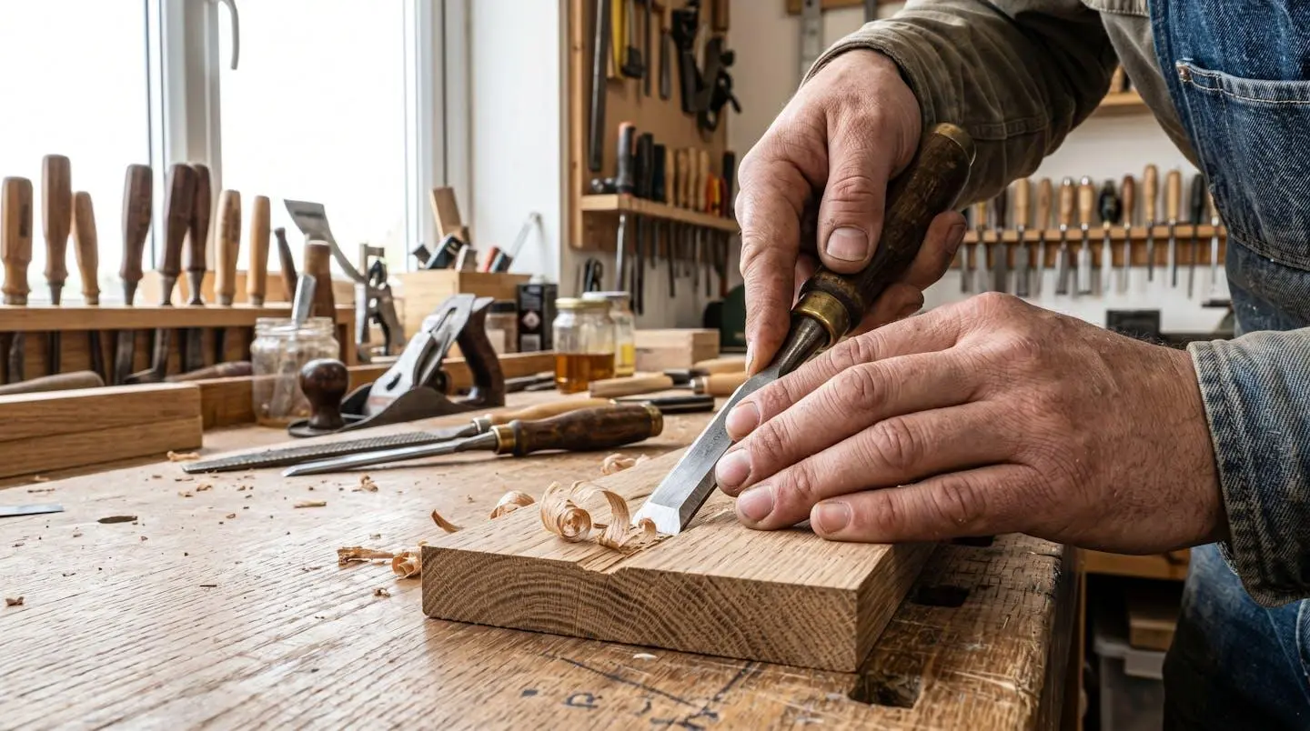 Gros plan sur les mains d'un apprenti travaillant une pièce de bois avec un ciseau à bois, arrière-plan d'atelier flouté, lumière naturelle latérale