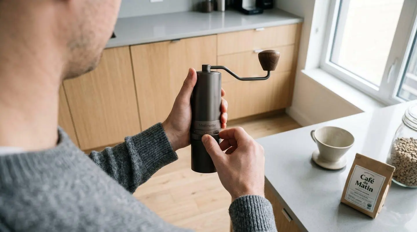 Plan moyen sur deux mains ajustant les réglages de mouture d'un moulin à café manuel, geste concentré, moment authentique dans une cuisine moderne éclairée naturellement