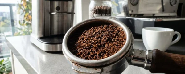 Gros plan extrême sur un portafiltre rempli de café fraîchement moulu, texture granuleuse visible en détail avec profondeur de champ réduite