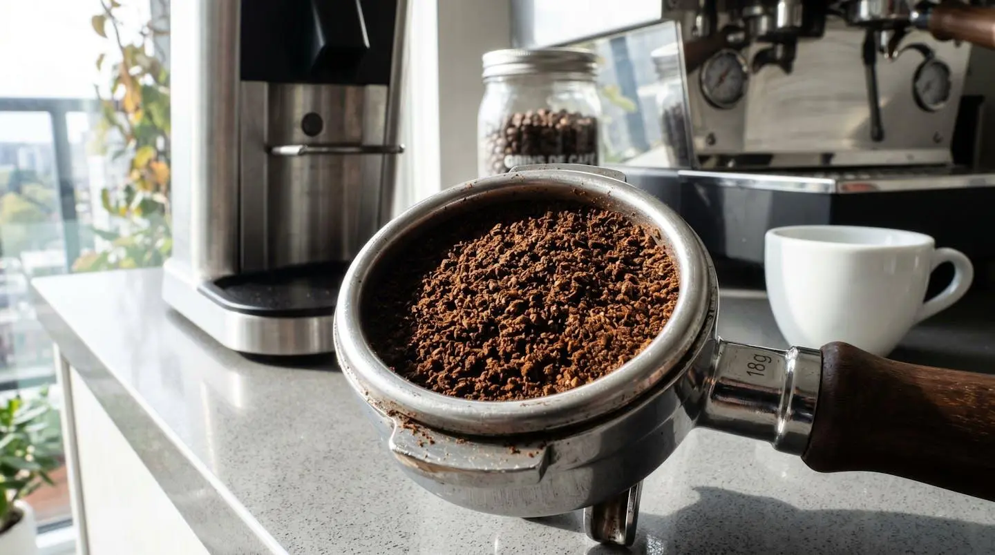 Gros plan extrême sur un portafiltre rempli de café fraîchement moulu, texture granuleuse visible en détail avec profondeur de champ réduite