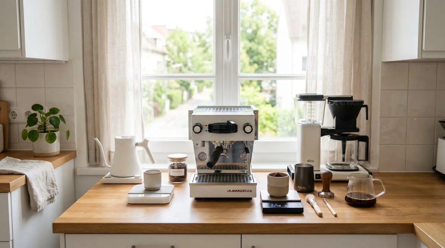 Vue grand angle d'un coin café à domicile avec machine espresso sur plan de travail en bois, accessoires rangés, lumière naturelle abondante, esthétique scandinave minimaliste