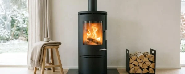 Flamme claire dans un poêle moderne symbolisant la combustion efficace.