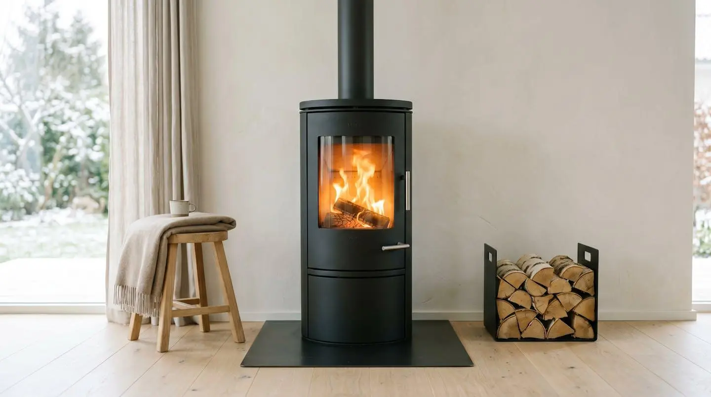 Flamme claire dans un poêle moderne symbolisant la combustion efficace.