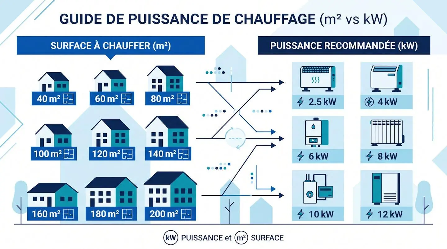 Icônes comparatives puissances/surfaces pour poêles à bois.