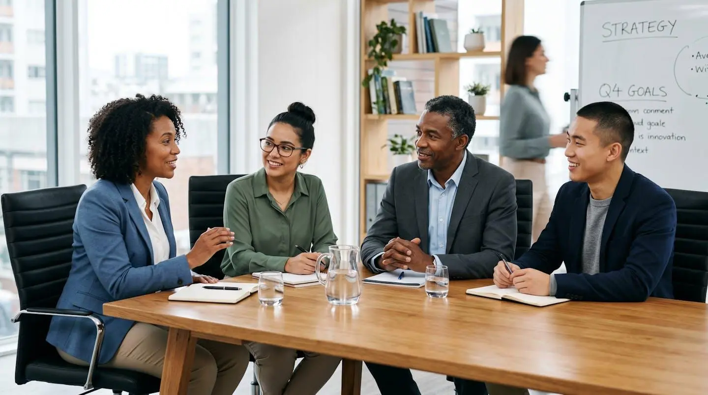 Groupe de professionnels en réunion assis sur des chaises ergonomiques, postures droites, ambiance de travail concentrée