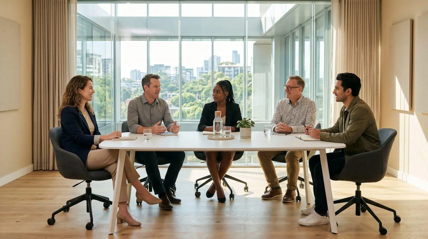 Salle de réunion moderne équipée de chaises ergonomiques réglables autour d'une table de conférence