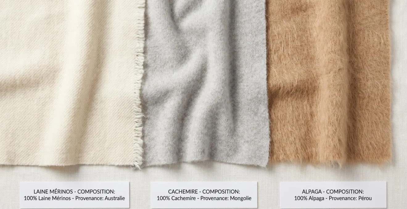 Échantillons de fibres naturelles (laine mérinos, cachemire, alpaga) avec étiquettes de composition en français sur fond blanc
