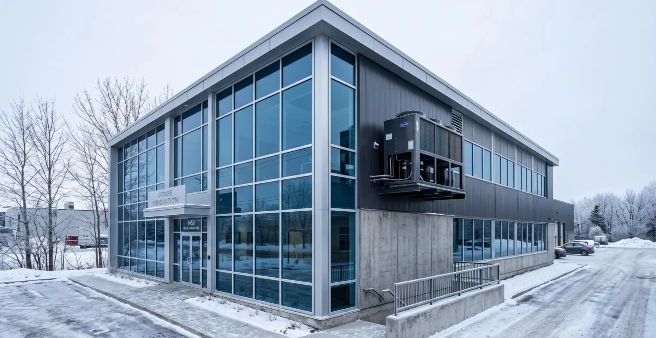Façade d'un bâtiment commercial moderne au Québec en hiver, avec grande proportion de surfaces vitrées et unité CVC extérieure installée sur le mur, illustrant les facteurs d'enveloppe influençant la charge thermique.