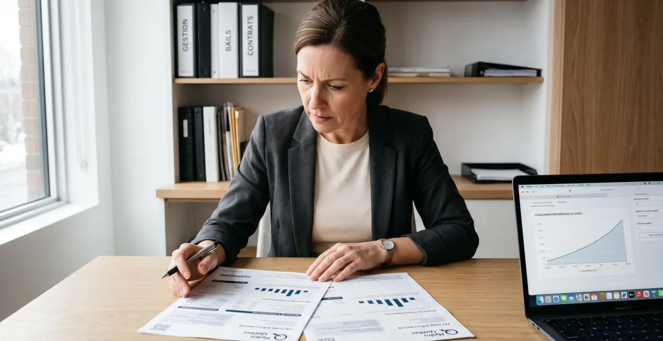 Gestionnaire immobilière dans un bureau contemporain québécois examinant des factures énergétiques Hydro-Québec imprimées et un graphique de consommation sur ordinateur portable, avec expression concentrée et préoccupée.