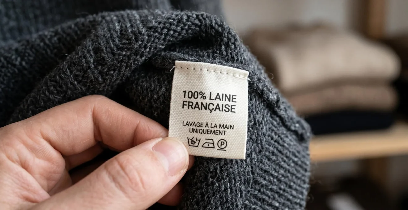Gros plan sur une étiquette de composition textile française '100% laine' cousue sur un vêtement en maille de qualité