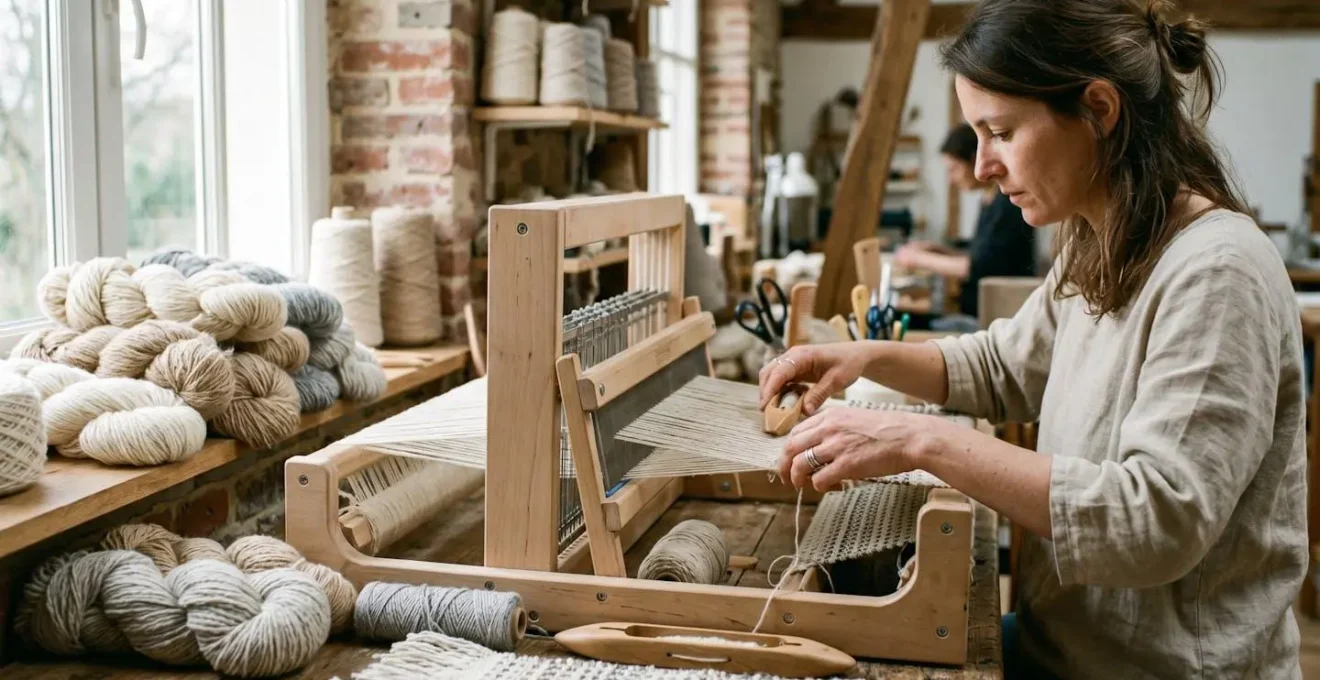 Mains d'une tricoteuse française travaillant sur un métier à tisser contemporain dans un atelier textile, entourée de pelotes de laine naturelle mérinos et alpaga