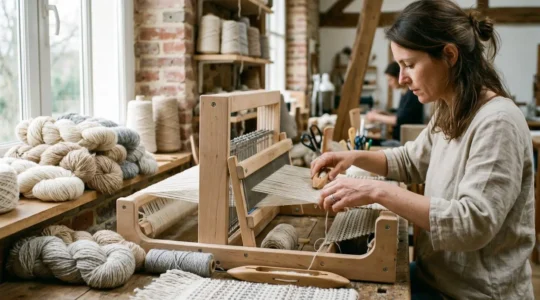 Mains d'une tricoteuse française travaillant sur un métier à tisser contemporain dans un atelier textile, entourée de pelotes de laine naturelle mérinos et alpaga