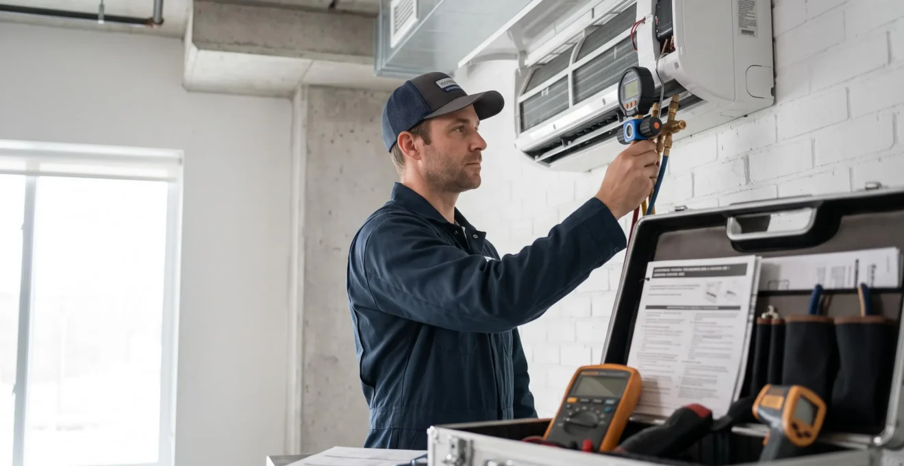 Technicien CVC certifié inspectant une unité murale de climatisation commerciale dans un bâtiment professionnel moderne au Québec, utilisant un manomètre numérique pour vérifier les raccordements, caisse à outils avec équipements de mesure au premier plan.
