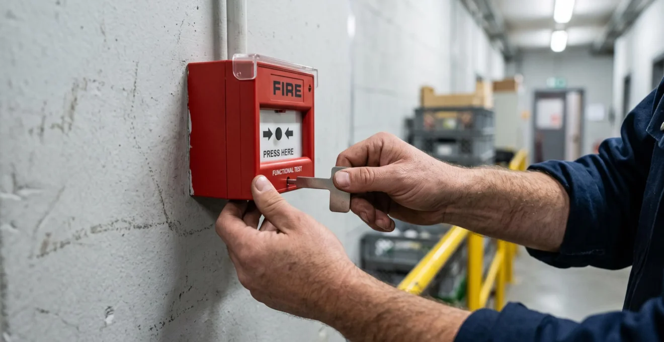 Un technicien teste un déclencheur manuel d'alarme incendie avec une clé de test sur le mur d'un atelier.