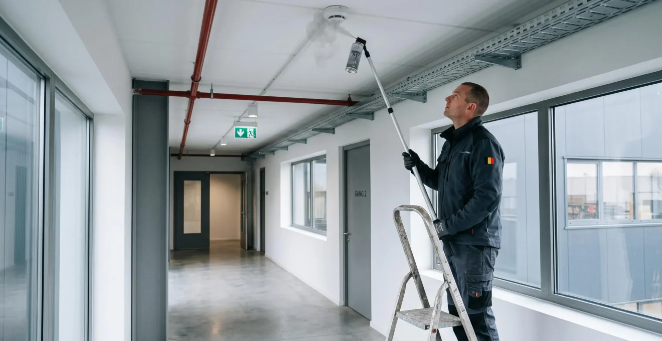 Un technicien teste un détecteur de fumée au plafond d'un bâtiment professionnel à l'aide d'une bombe de test fixée sur une perche.
