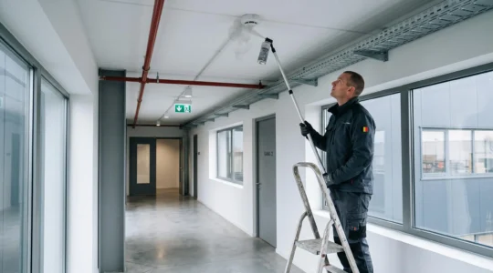 Un technicien teste un détecteur de fumée au plafond d'un bâtiment professionnel à l'aide d'une bombe de test fixée sur une perche.
