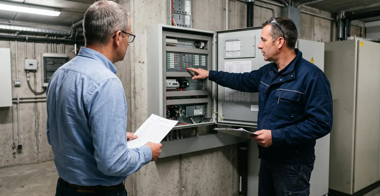 Un responsable d'exploitation et un technicien examinent un rapport de maintenance devant une centrale d'alarme incendie ouverte.