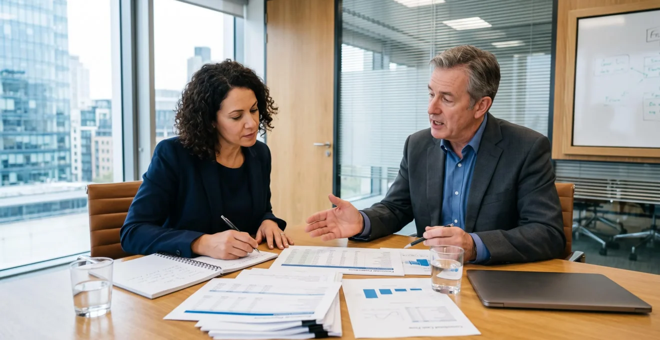 Consultation financière entre un chef d'entreprise et un conseiller spécialisé.