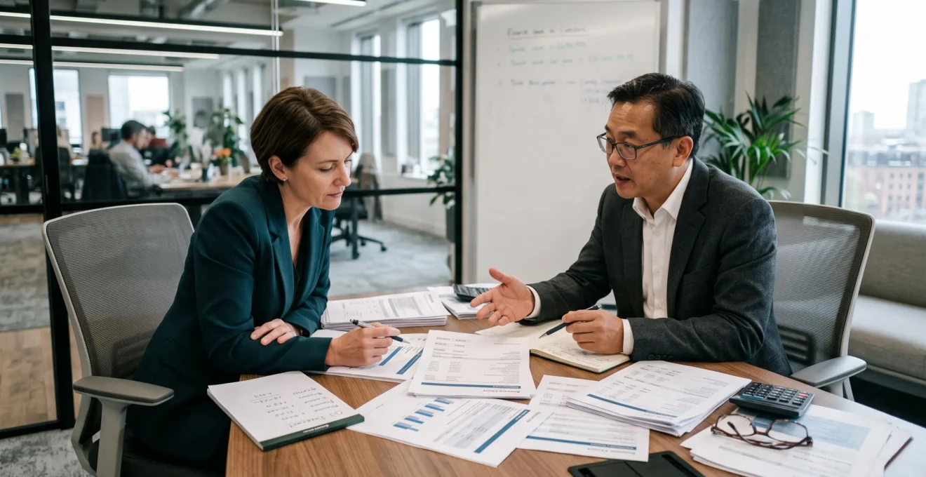 Consultation financière entre un chef d'entreprise et un conseiller spécialisé.