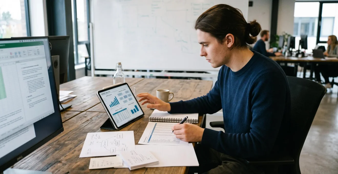Professionnel construisant une stratégie d'entreprise à l'aide d'outils numériques.