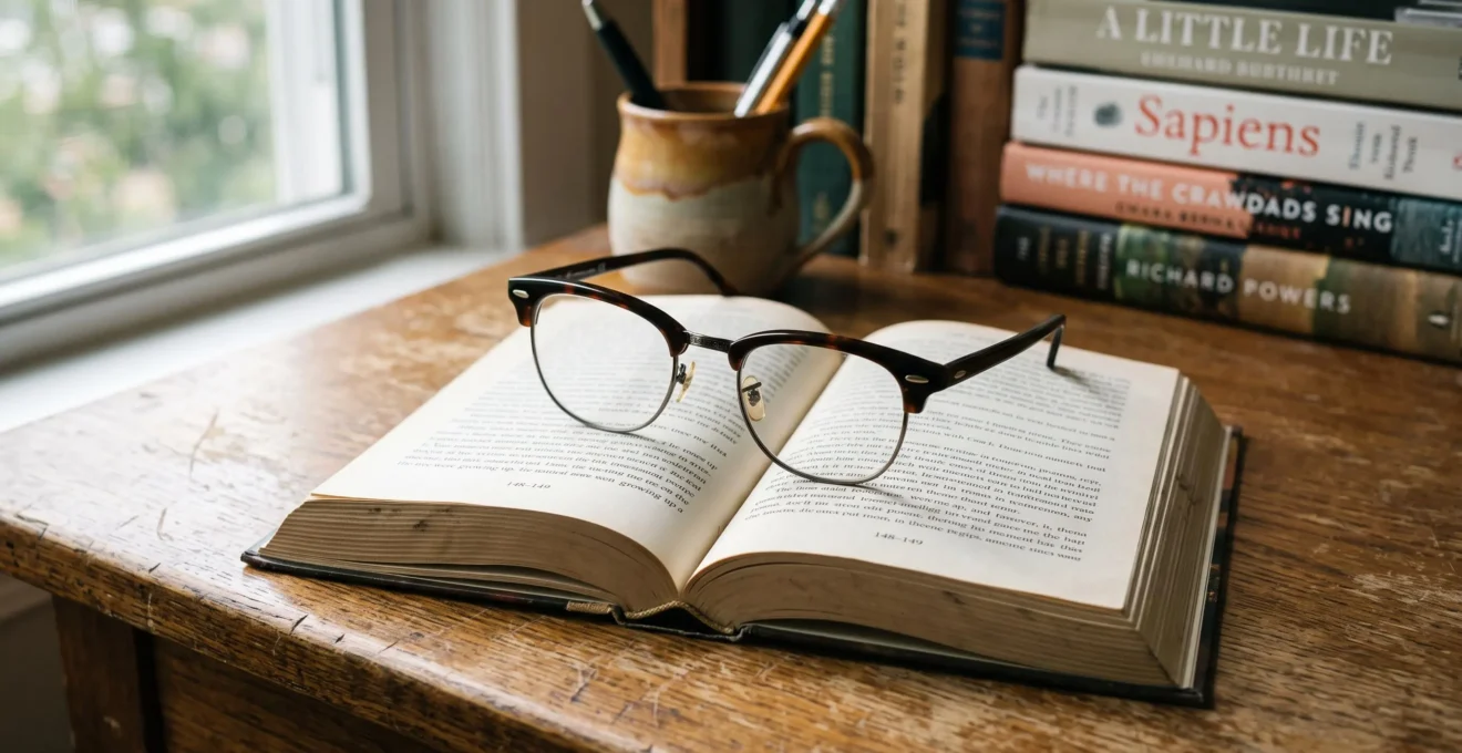 Des lunettes browline posées sur un livre ouvert dans un bureau en bois baigné de lumière.